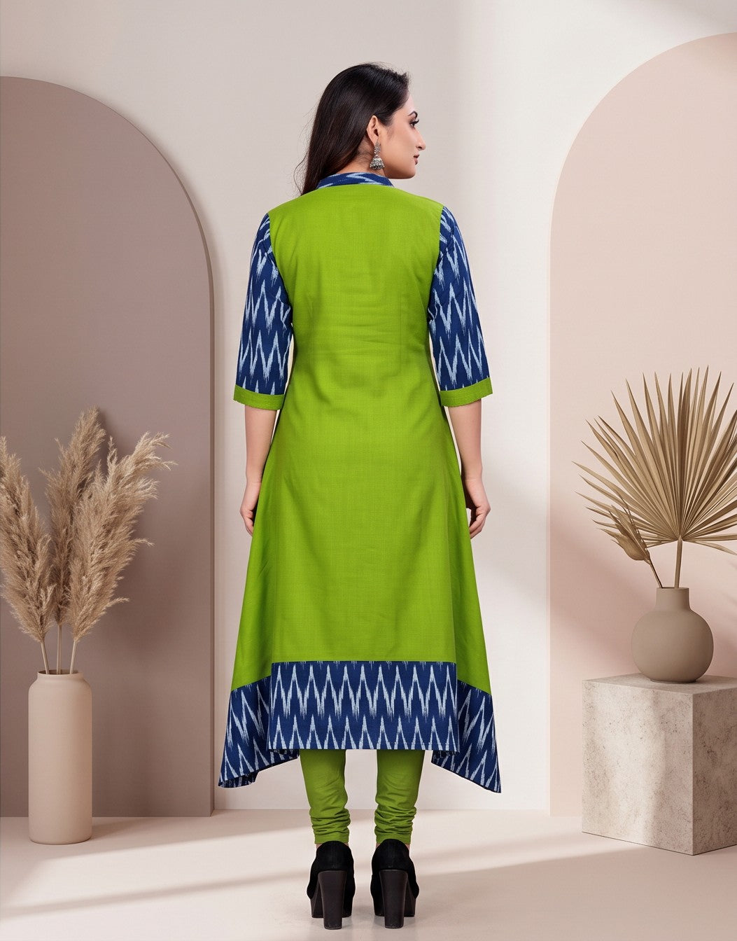 Women Solid Flared Round Neck Cotton Green Gown