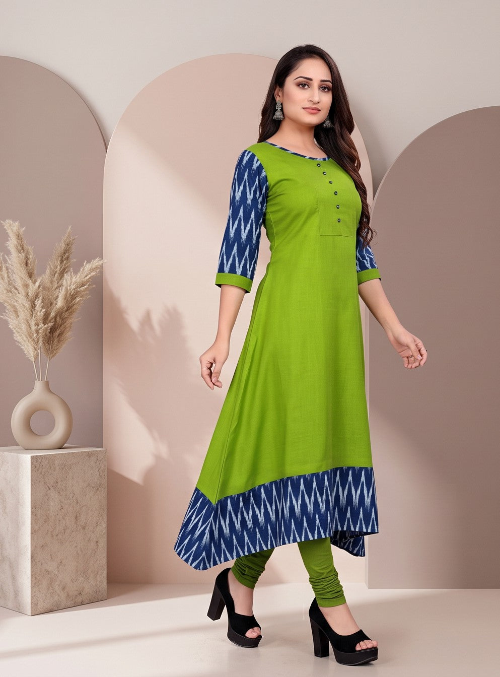 Women Solid Flared Round Neck Cotton Green Gown