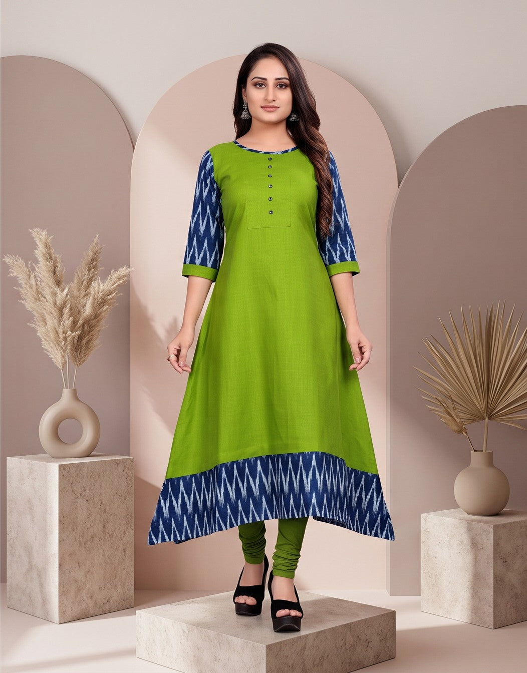 Women Solid Flared Round Neck Cotton Green Gown