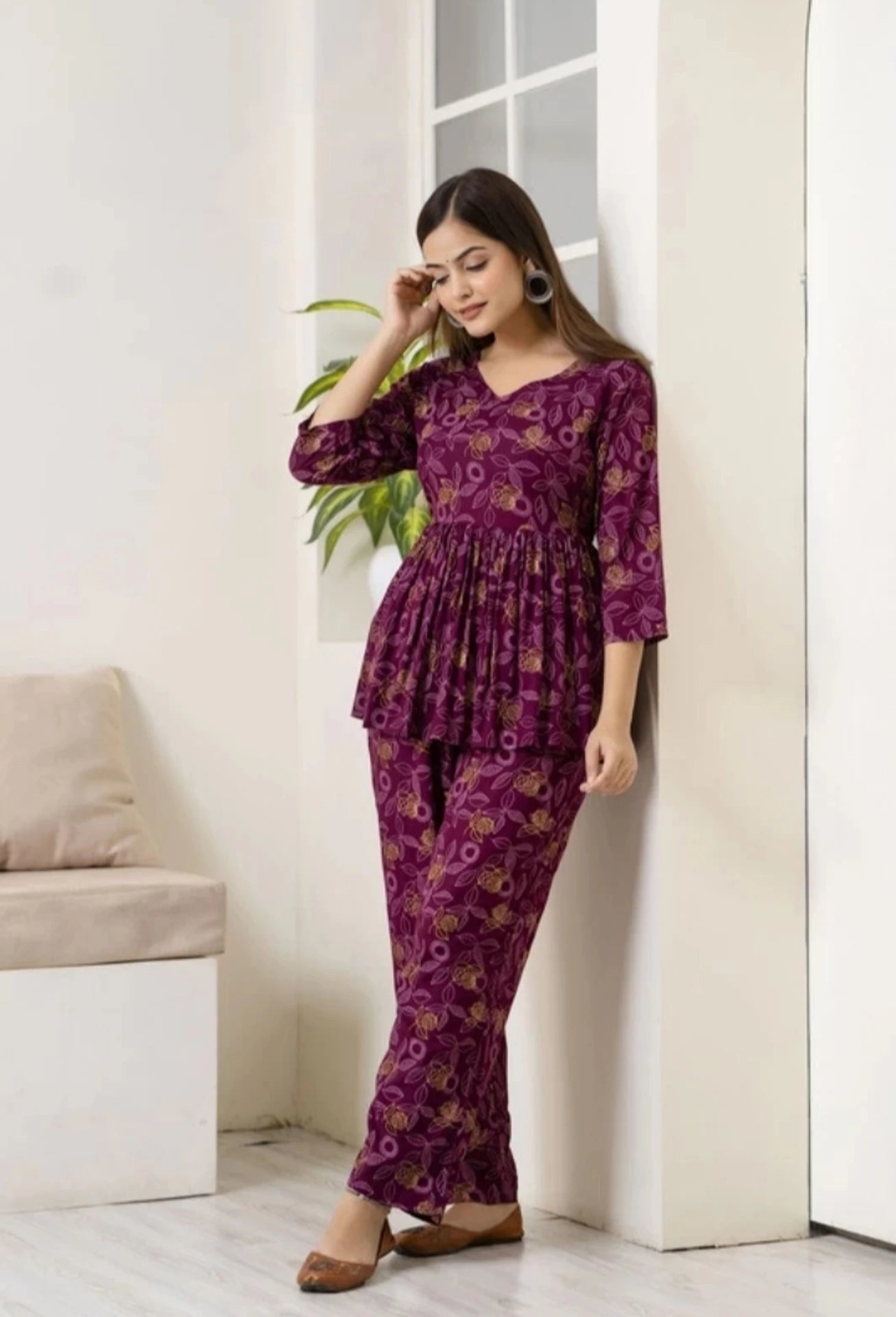 Women's Printed Dark Purple Co-Ord Set For Girls and Women
