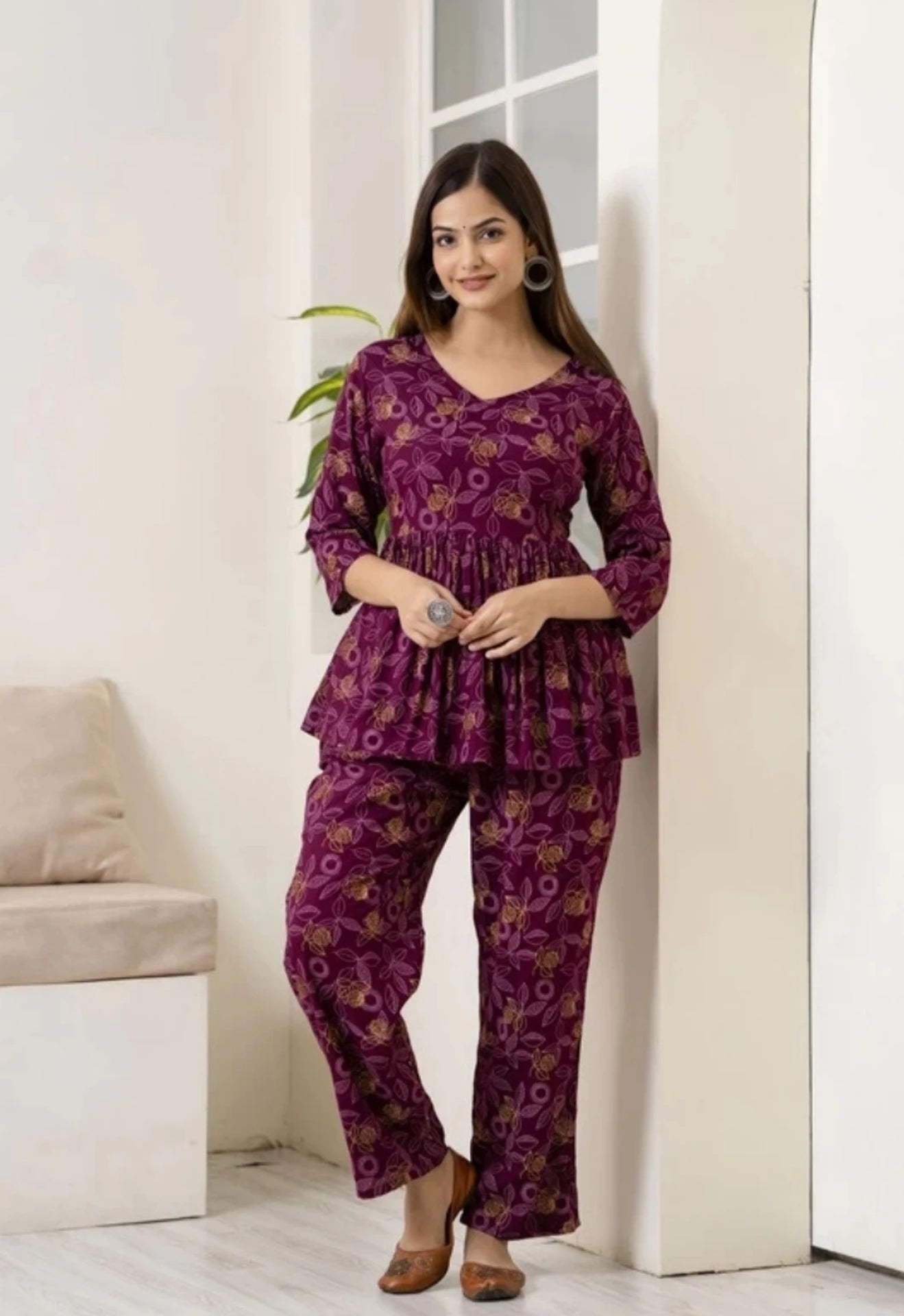 Women's Printed Dark Purple Co-Ord Set For Girls and Women