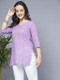 Women Lavender Stylish Short Leaf Print Kurti