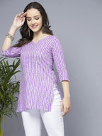 Women Lavender Stylish Short Leaf Print Kurti