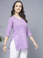 Women Lavender Stylish Short Leaf Print Kurti