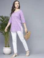 Women Lavender Stylish Short Leaf Print Kurti