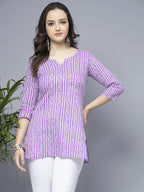 Women Lavender Stylish Short Leaf Print Kurti