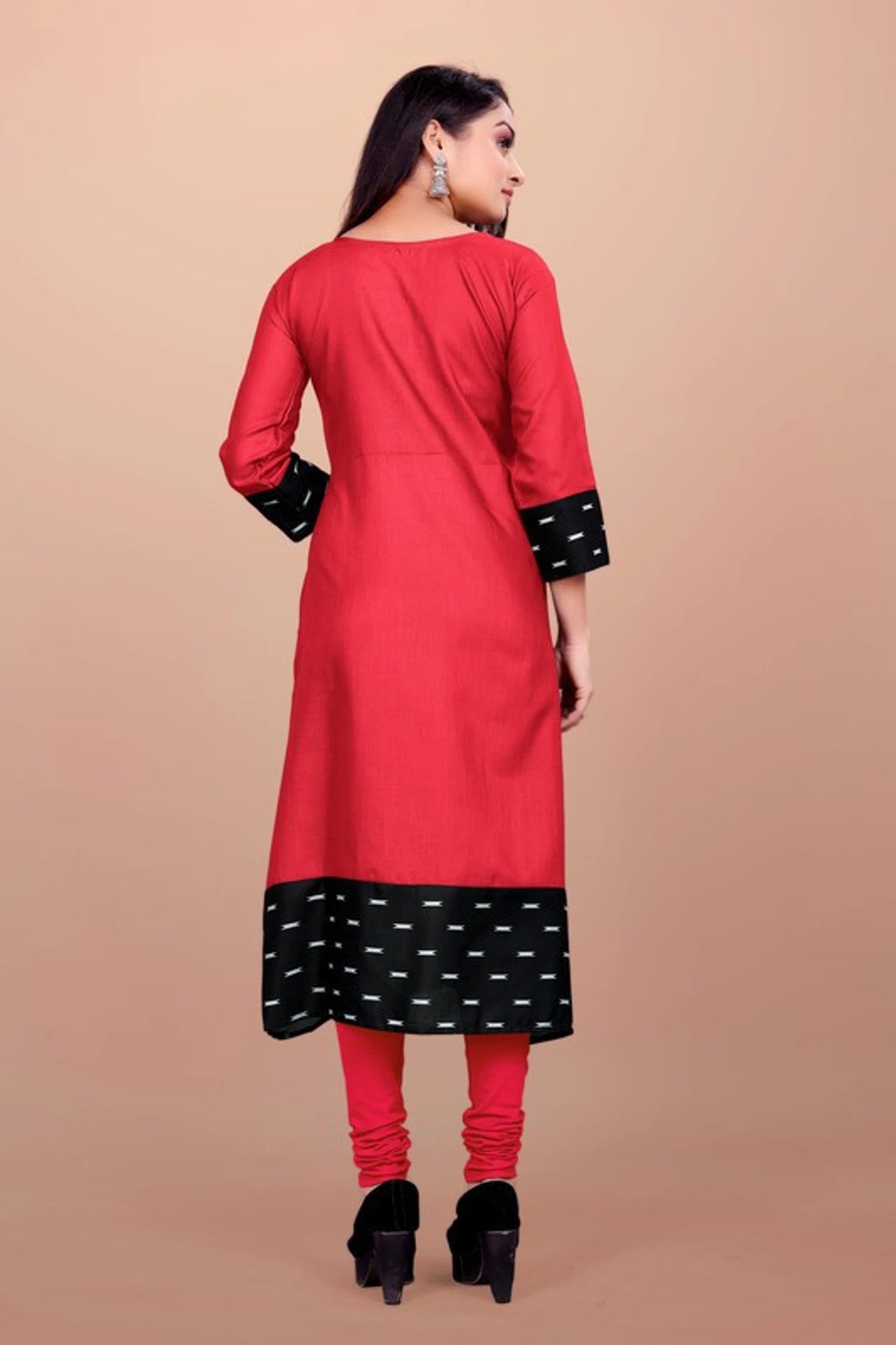 Women Solid Flared Round Neck Cotton Red Gown