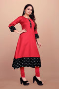 Women Solid Flared Round Neck Cotton Red Gown