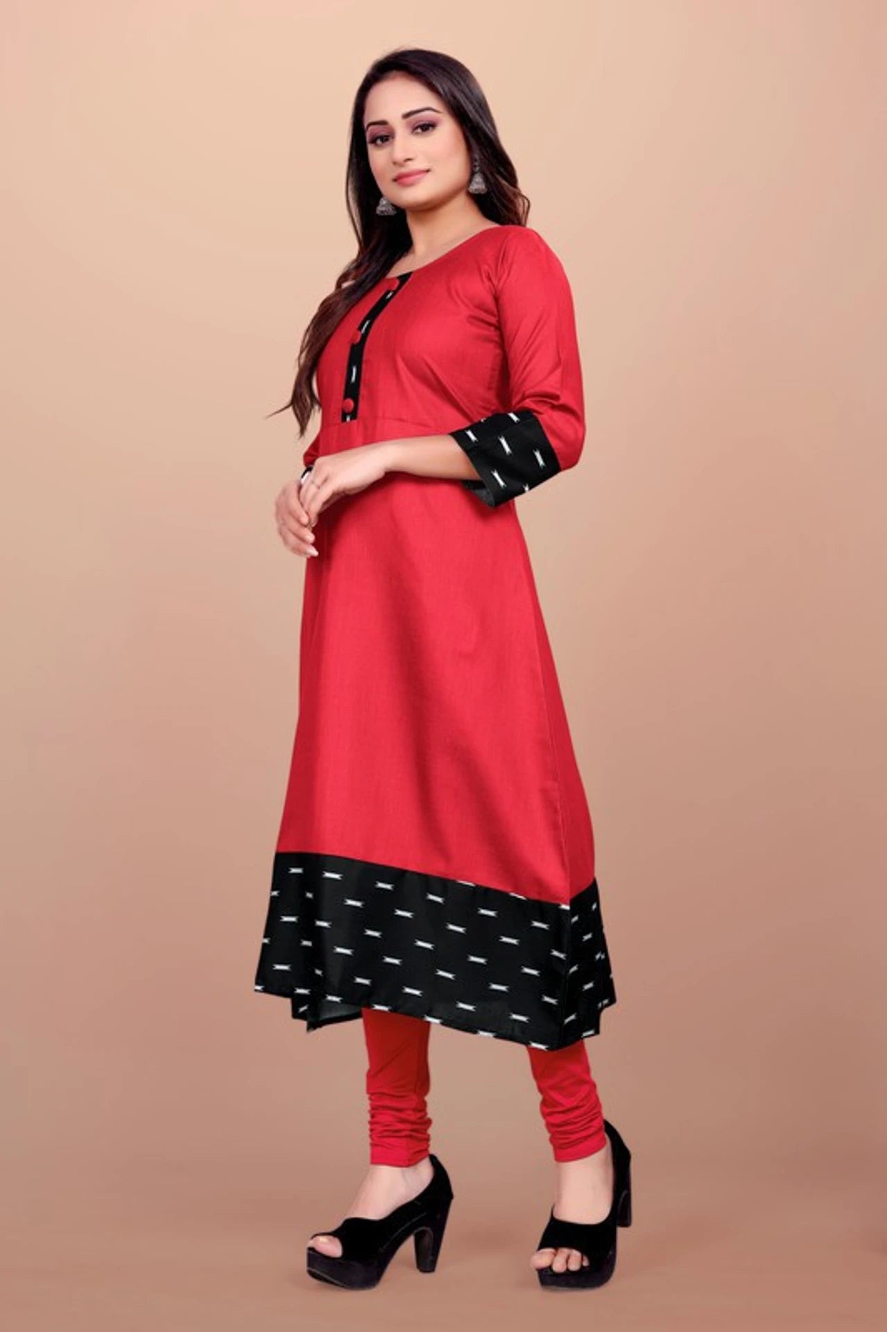 Women Solid Flared Round Neck Cotton Red Gown