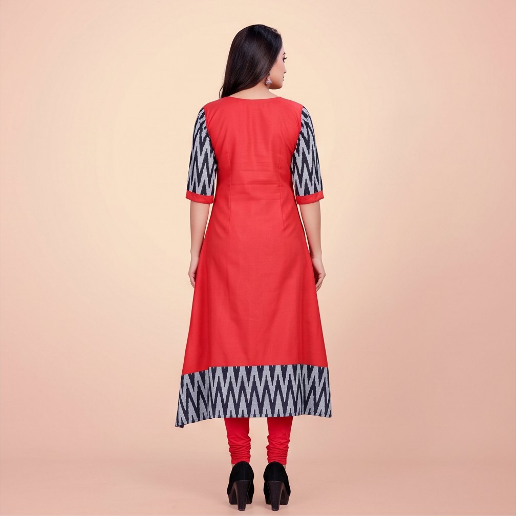 Women Solid Flared Round Neck Cotton Red Gown