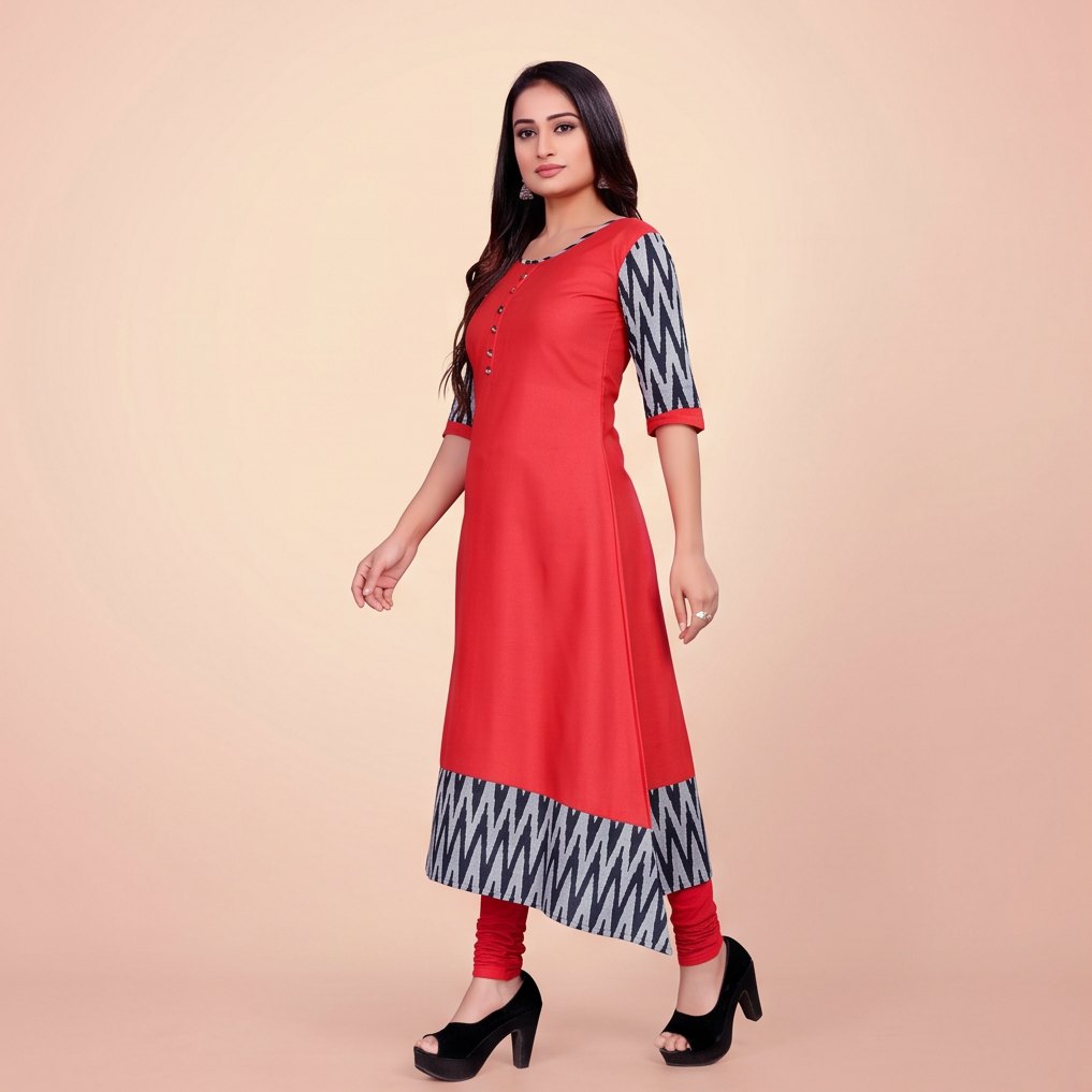 Women Solid Flared Round Neck Cotton Red Gown
