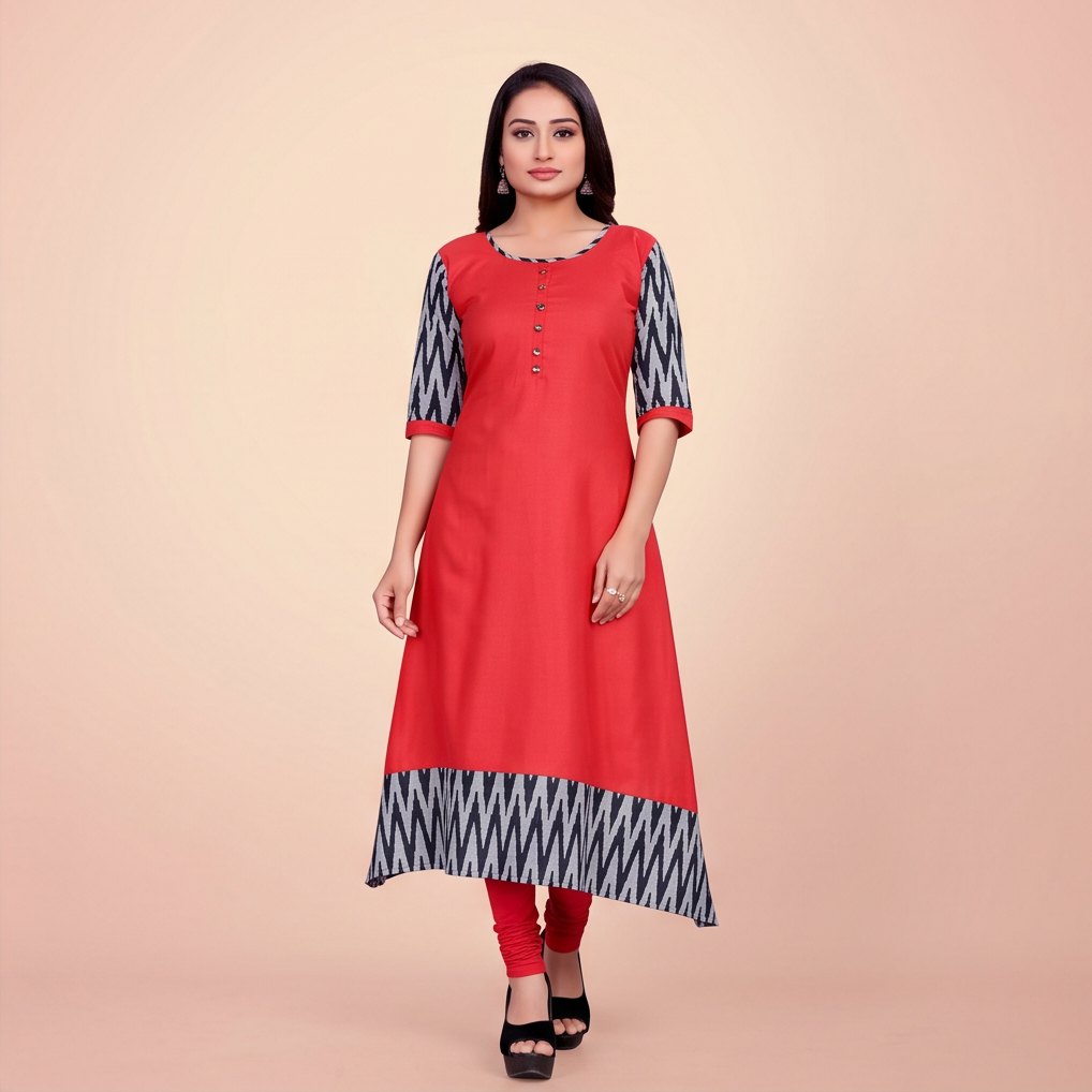 Women Solid Flared Round Neck Cotton Red Gown