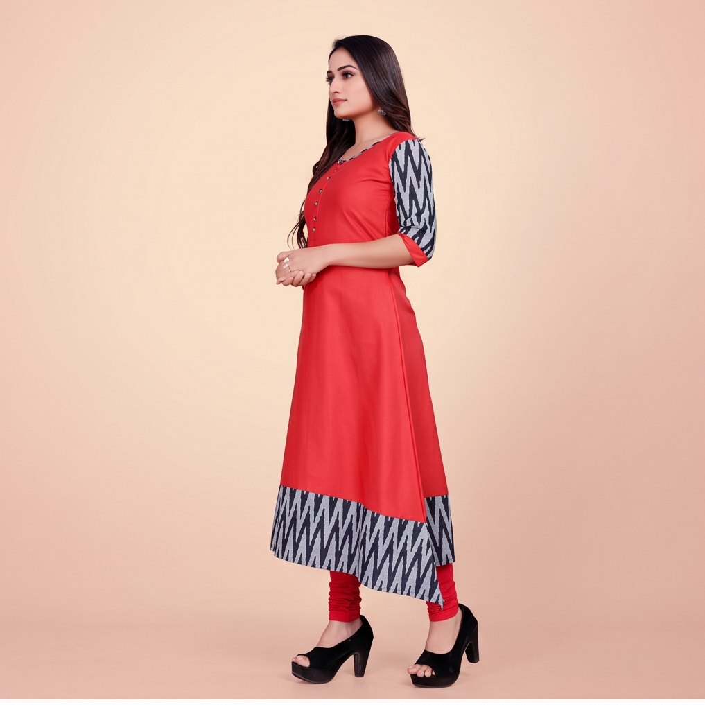 Women Solid Flared Round Neck Cotton Red Gown