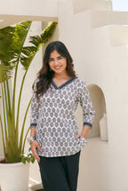 Women White Multicolor Hand Block Print Cotton Kurti for Girls and Women