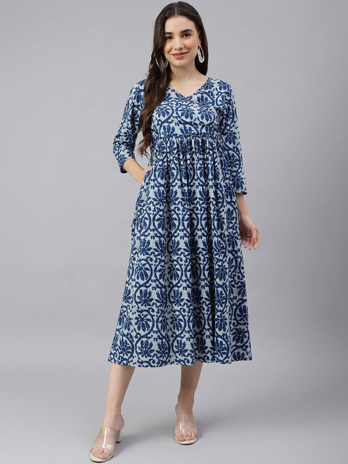 Women Floral Print V-Neck Flared Maxi Dress