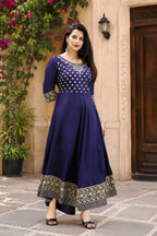 Women's Printed Anarkali Kurti | Blue Flared Ethnic Kurta | Regular Fit (Blue, S)