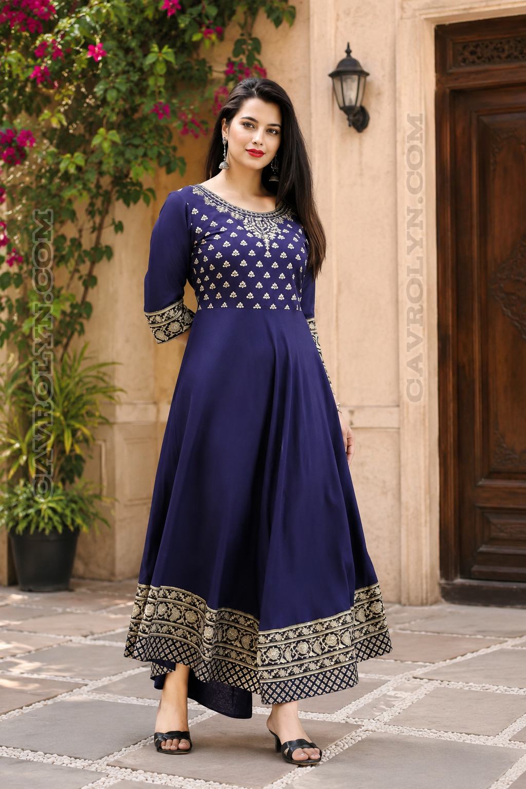 Women's Printed Anarkali Kurti | Blue Flared Ethnic Kurta | Regular Fit (Blue, S)