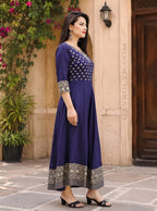Women's Printed Anarkali Kurti | Blue Flared Ethnic Kurta | Regular Fit (Blue, S)