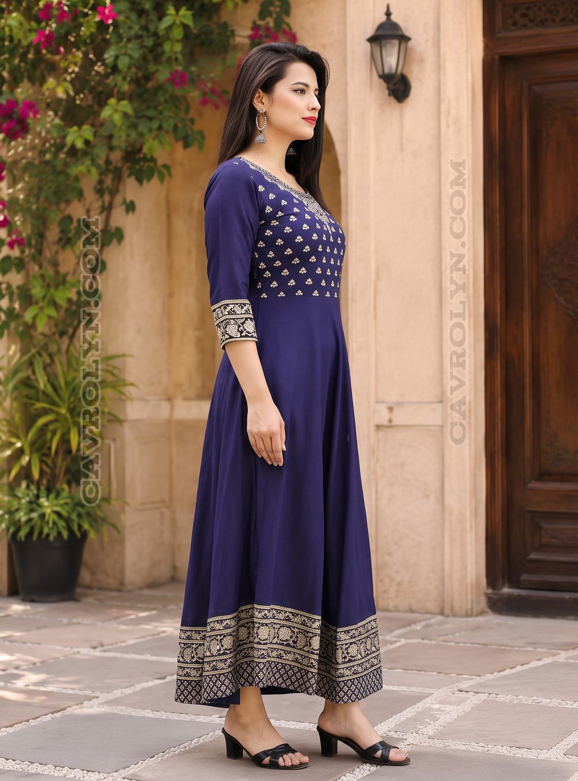 Women's Printed Anarkali Kurti | Blue Flared Ethnic Kurta | Regular Fit (Blue, S)