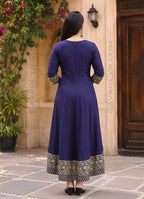 Women's Printed Anarkali Kurti | Blue Flared Ethnic Kurta | Regular Fit (Blue, S)