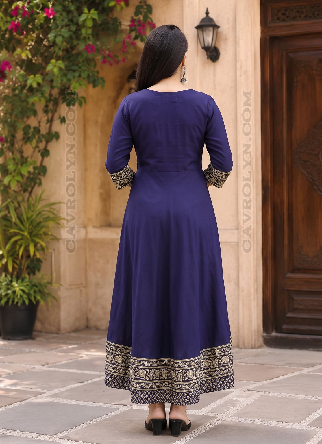 Women's Printed Anarkali Kurti | Blue Flared Ethnic Kurta | Regular Fit (Blue, S)