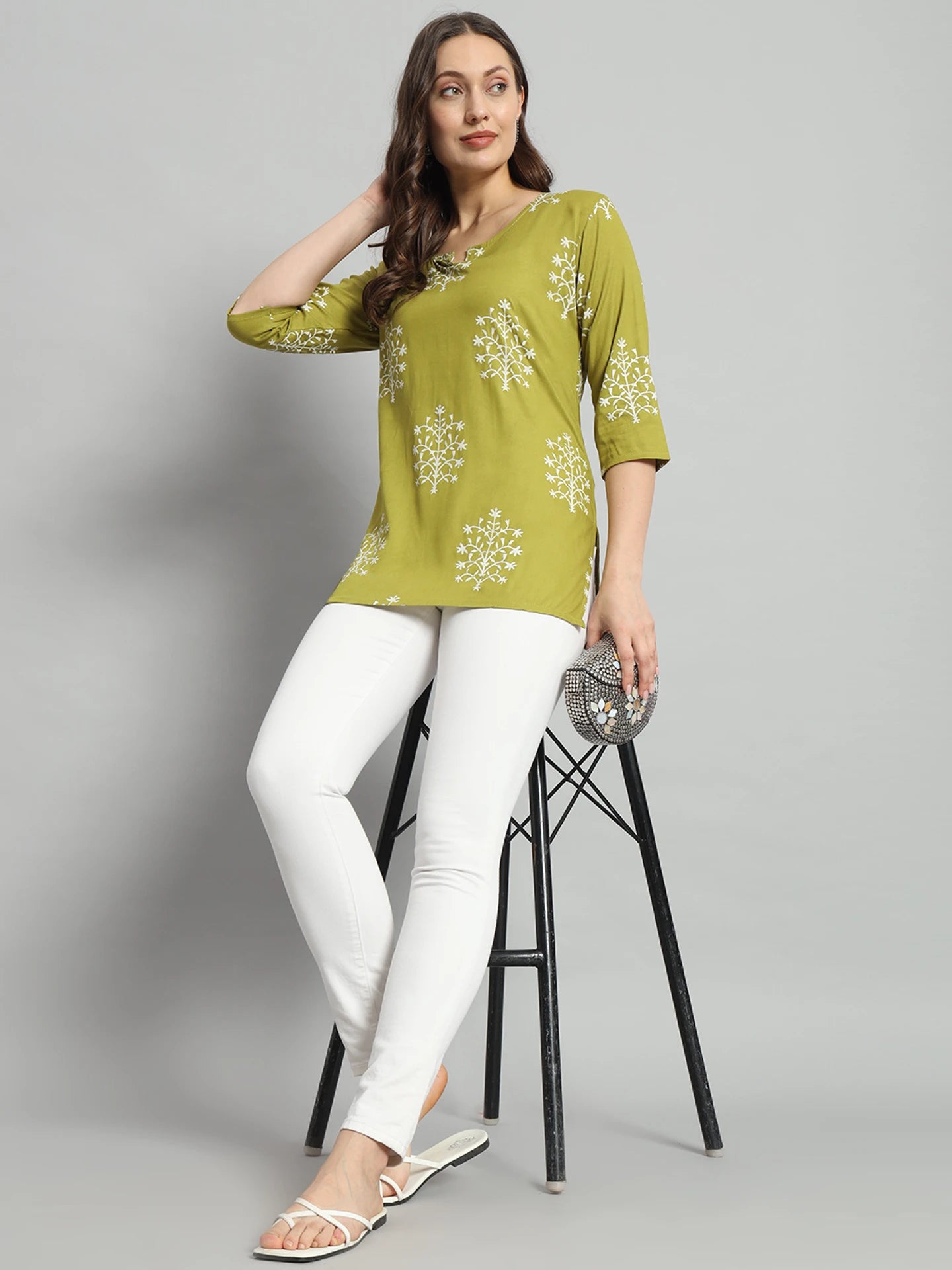Green Printed Rayon Short Kurti For Girls and Women