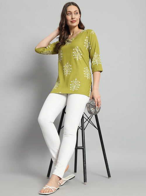 Green Printed Rayon Short Kurti For Girls and Women